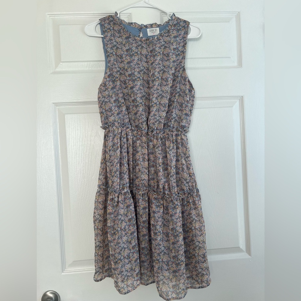 Sienna Sky Fairy Cottagecore Blue Floral Tiered Ruffle Accent Dress Medium